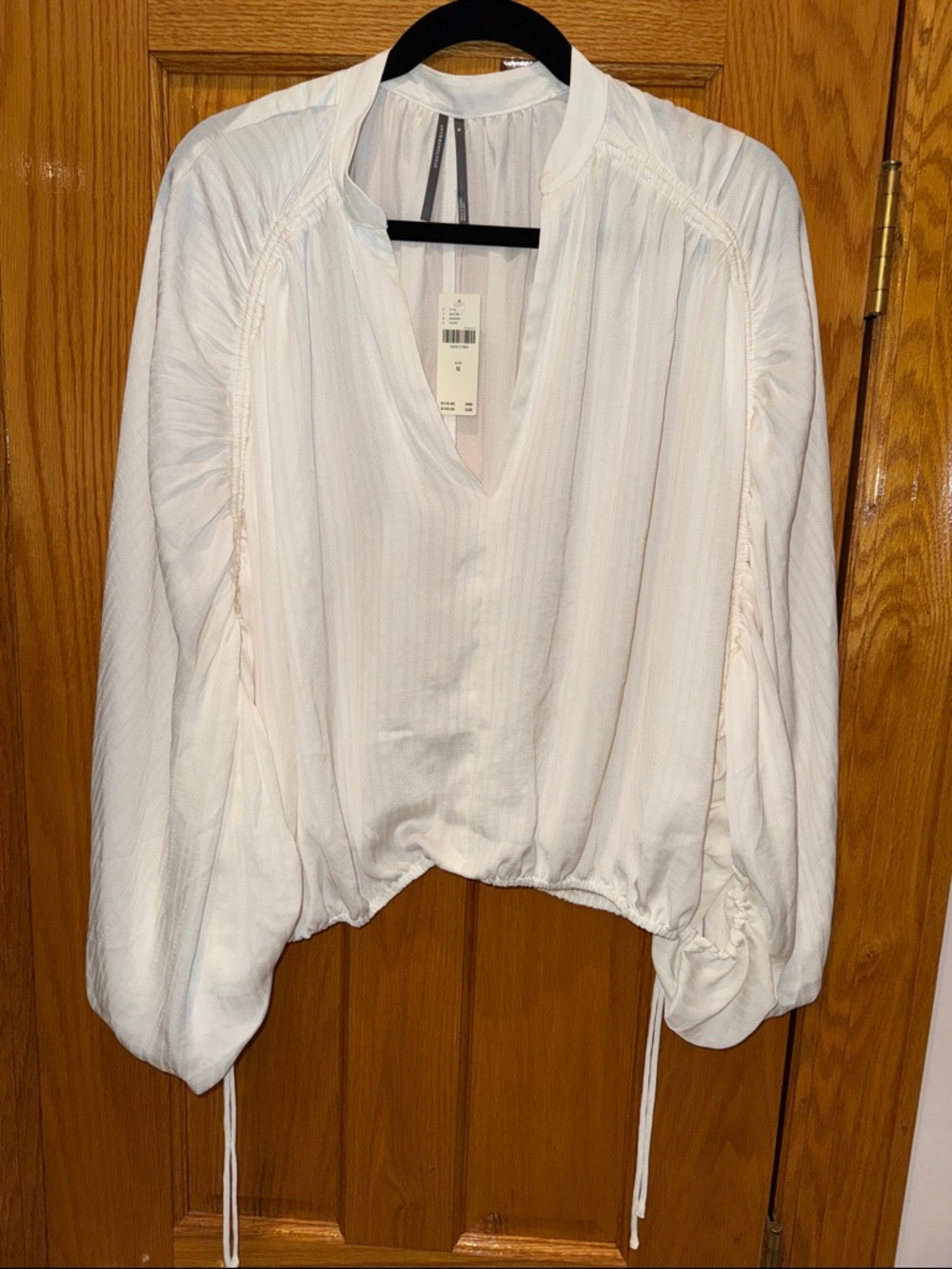 Anthropologie Cream V-Neck Billowy Long-Sleeve Blouse